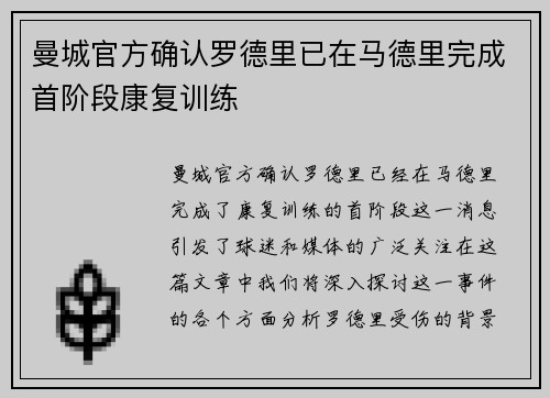 曼城官方确认罗德里已在马德里完成首阶段康复训练 曼城官方确认罗德里已在马德里完成首阶段康复训练