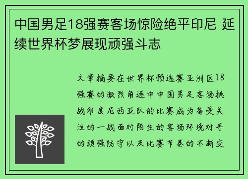 中国男足18强赛客场惊险绝平印尼 延续世界杯梦展现顽强斗志
